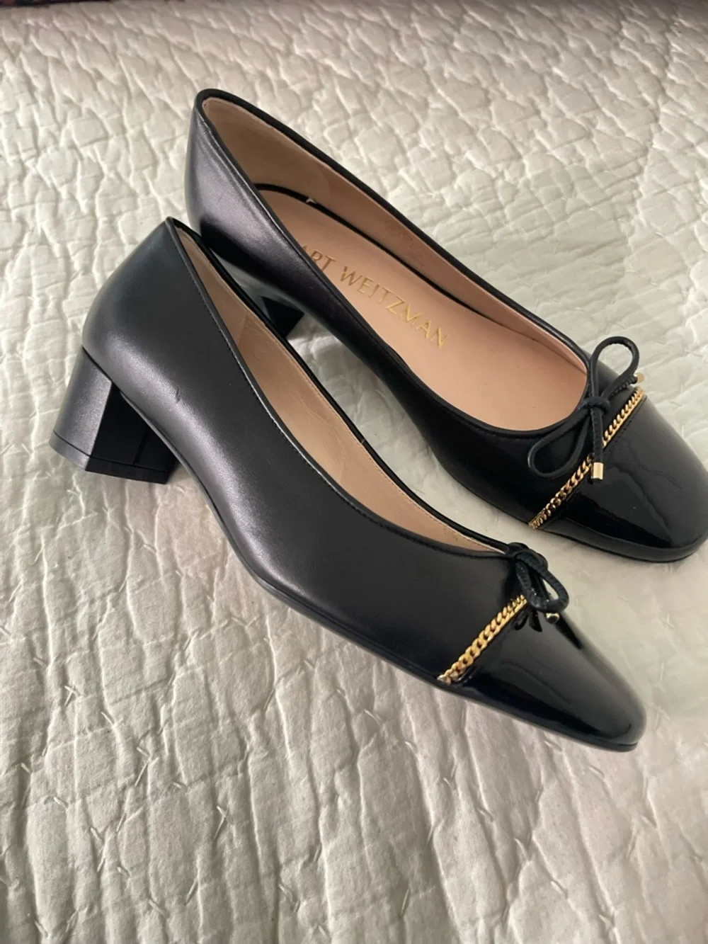 Stuart Weitzman Black Cap Toe‎ Patent Leather Cap Toe Pumps with Gold Trim